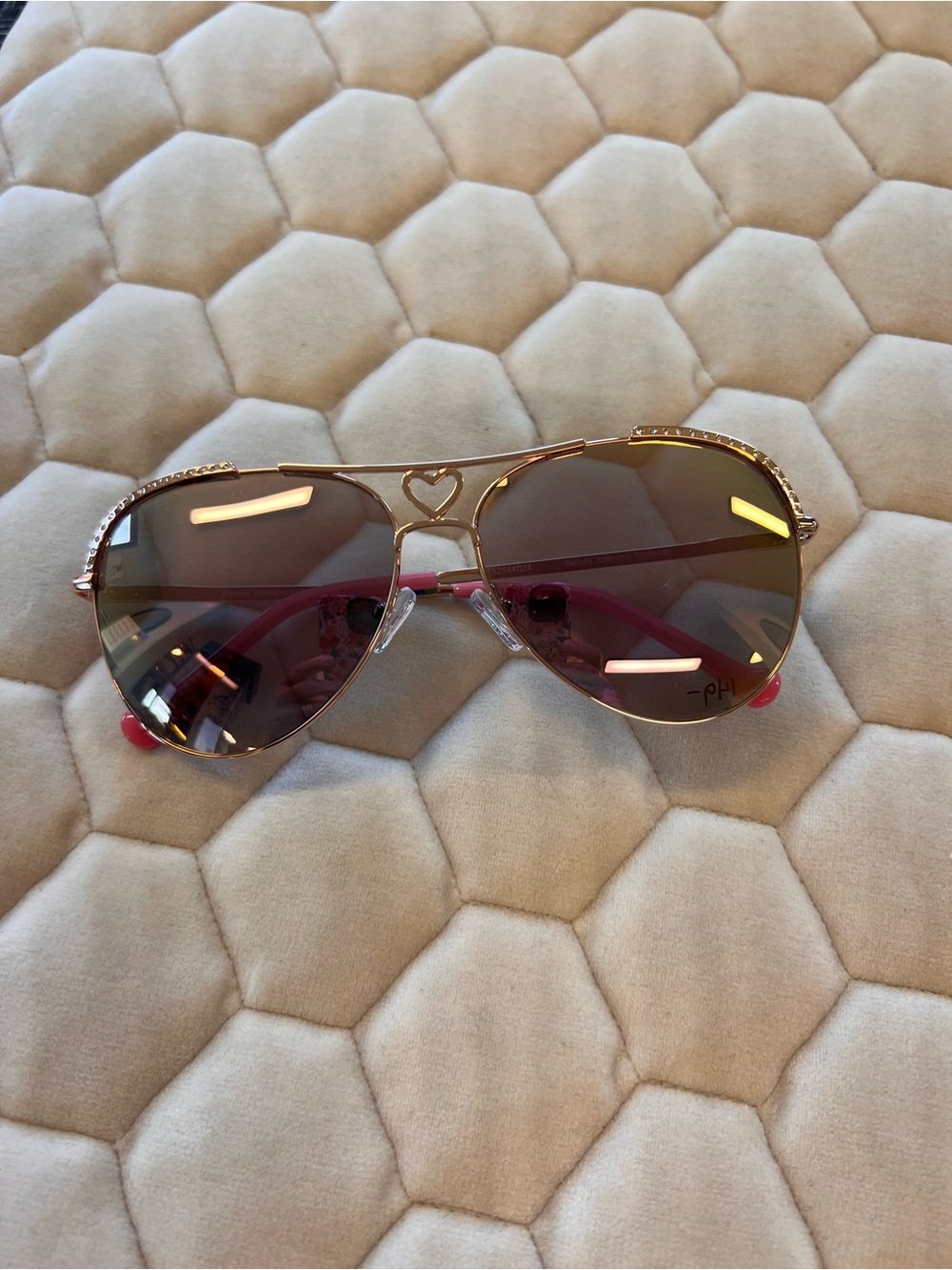 Betsey Johnson Luv Ya Gold Aviator Sunglasses with Pink mirror lenses
